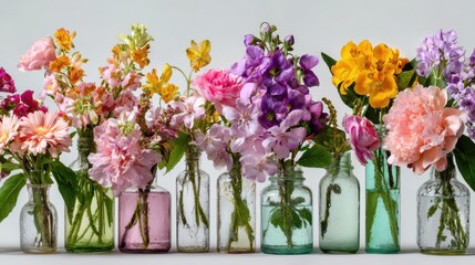 Flat lay floral arrangement in clear glass vases on white backdrop for banner artwork