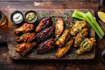 Four-piece wing platter featuring varied flavors, crisp celery, and a pair of beers photographed from above