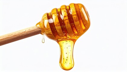 Honey dipper holding sweet, golden liquid against bright white background
