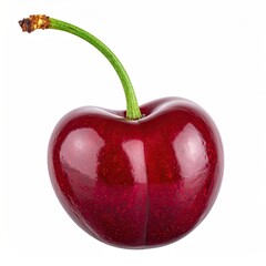Shiny, ripe, single cherry with green stem, isolated on white background