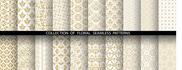Geometric floral set of seamless patterns. White and golden vector backgrounds. Damask graphic ornaments