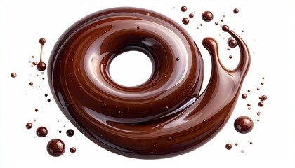Glossy, swirled chocolate donut with liquid splashes on white