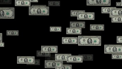 Wide scattered pattern of US one dollar bills falling on a black background for financial overlays