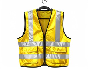 Yellow safety vest with reflective stripes hanging on a black hanger