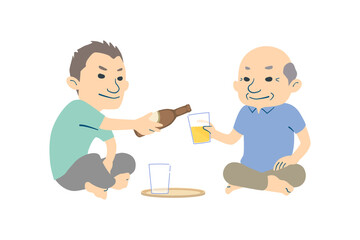 夏にビールを楽しむ男性（中年、高齢者）のイラスト