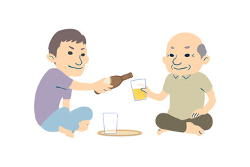 おじいちゃんにビールを注ぐ孫