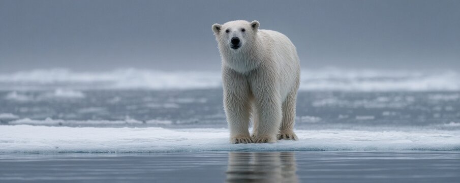A solitary polar bear balances on a small melting ice floe, showcasing its struggle for survival in a warming Arctic. The scene highlights environmental changes affecting its habitat