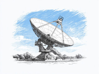 Satellite Dish Amidst the Sky: A large, detailed illustration of a satellite dish, poised against a clear sky with a backdrop of a lush, green landscape.