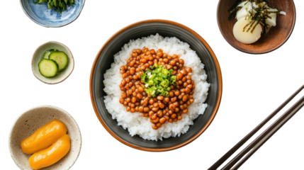 Traditional Japanese breakfast with natto rice bowl and pickles on transparent background