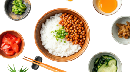 Traditional Japanese breakfast with natto rice bowl and pickles on transparent background