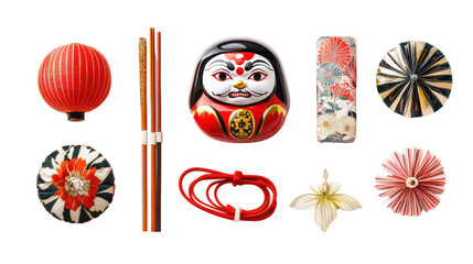 Traditional Japanese winter elements with daruma doll and mizuhiki on transparent background