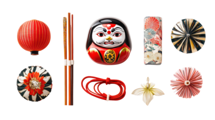 Traditional Japanese winter elements with daruma doll and mizuhiki on transparent background
