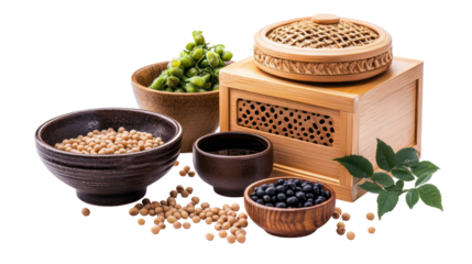 Traditional Japanese winter items with wooden masu box and sake on transparent background
