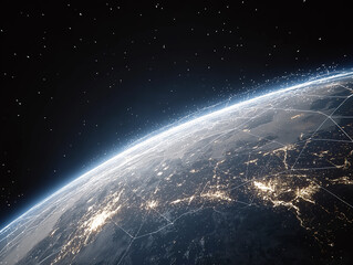 Global Network: Earth's continents sparkle with the illuminated network of city lights, a celestial tapestry woven against the infinite expanse of the cosmos.