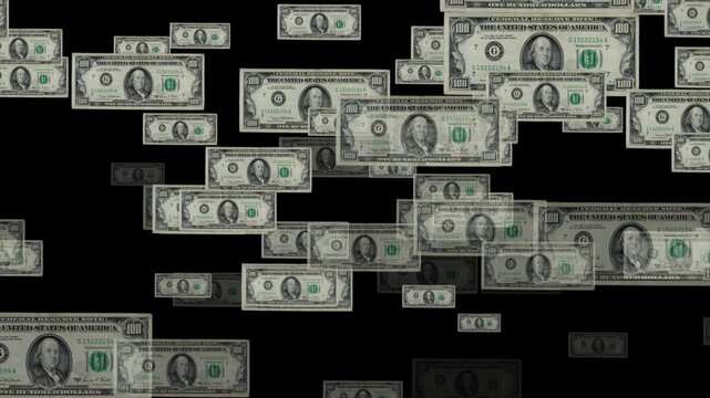Dense pattern of falling US one dollar bills covering a black background for finance texture