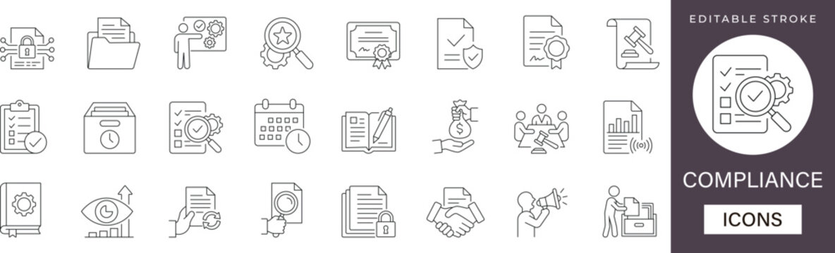 Compliance line icon set highlighting regulatory standards, legal audit, and business policy symbols. Ideal for corporate presentations, app UI, and web design. Fully editable.