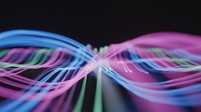 Vibrant abstract design elements swirling around a central axis in a dynamic digital artwork displayed on a dark background