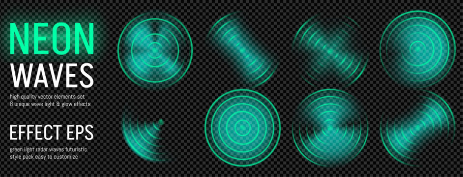 Green radar light and sonar wave ffect. Radio sensor signal with neon glow hud design. Radial scan arc, concentric field spread overlay. Realistic smart car circular audio pulse for antenna set