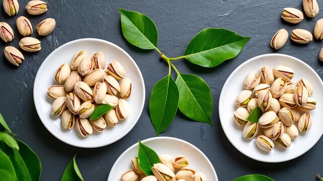 Delicious Pistachios on White Plates with Green Leaves