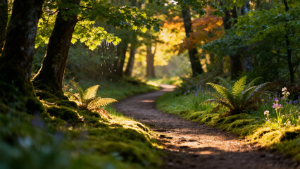 Obraz premium Sunlit Forest Path with Moss, Ferns and Falling Water Droplets – Peaceful Nature Walk