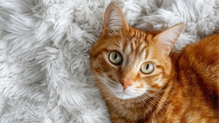 Orange tabby cat relaxing on white fur rug in studio setting