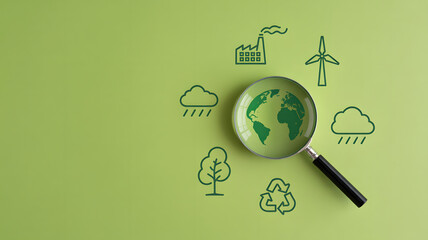 Magnifying Glass Examining Global Sustainability Icons and Eco Icons for Green Business Analysis