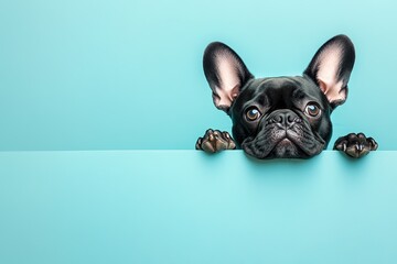 cute black French Bulldog is curiously peeking over a light blue surface with copy space. Its large ears and expressive eyes give a playful and inquisitive vibe, creating a charming scene