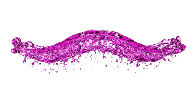 hyper-detailed high-speed photograph of a vibrant magenta liquid splash, featuring thousands of frozen droplets and mist against a stark white studio cyclorama. concept for beverage advertising