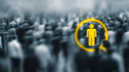 Yellow human resources icon depicting a person silhouette with a circular target overlay on a blurred crowd of diverse businesspeople in an office environment
