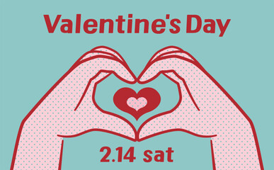 レトロポップなポップアート風グラフィックで描くバレンタインデーの手によるハートポーズがレトロ調イラストで彩るバレンタインハートデザイン