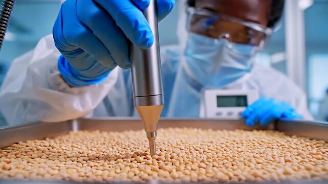 Scientist inspects grain sample with probe in sterile lab, PPE wearing researcher records moisture and contamination data, closeup of tray of kernels and electronic sensor for quality control and food