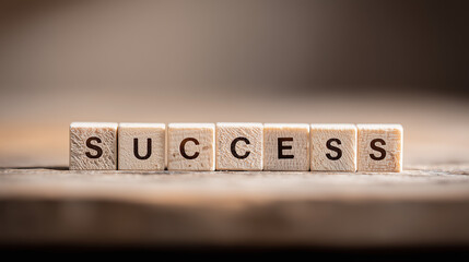 Success word spelled with wooden blocks on a rustic surface