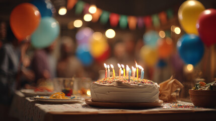 A birthday cake with lit candles on a festive table at a celebration party