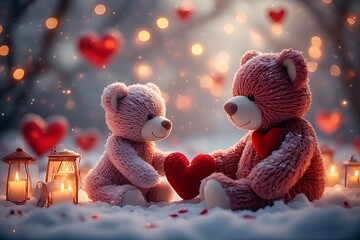 Romantic Winter Valentine&rsquo;s Day Teddy Bears with Pastel Knitted Textures.