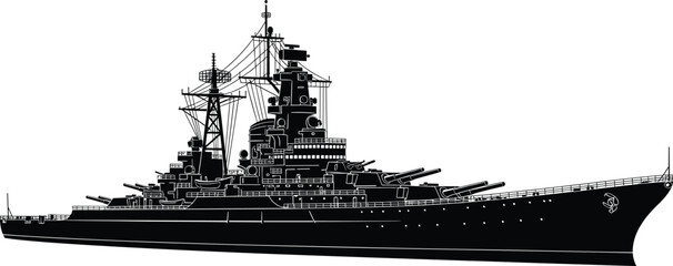 Battleship silhouette illustration with detailed armament and superstructure for military, naval architecture, and maritime engineering themes.
