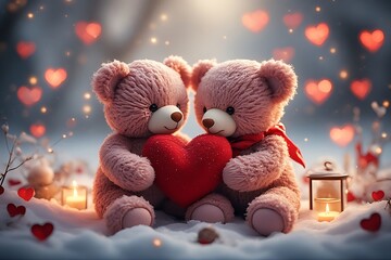 Romantic Winter Valentine&rsquo;s Day Teddy Bears Holding Red Velvet Heart.