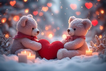 Romantic Winter Valentine&rsquo;s Day Teddy Bears in Cozy Snowy Love Setting.