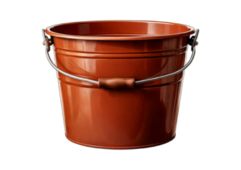 Brown plastic bucket with metal handle isolated on transparent or white background
