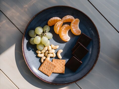 Healthy snack plate with fruit nuts and crackers on a wooden table
