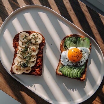 Sweet and savory breakfast toast plate with avocado and banana
