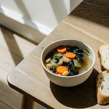 Hearty vegetable soup with carrots and kale in natural light