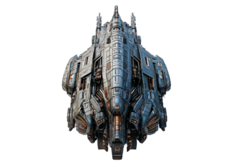 Futuristic sci-fi spaceship with detailed metallic body isolated on transparent or white background