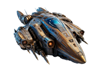Futuristic sci-fi spaceship with detailed metallic body isolated on transparent or white background