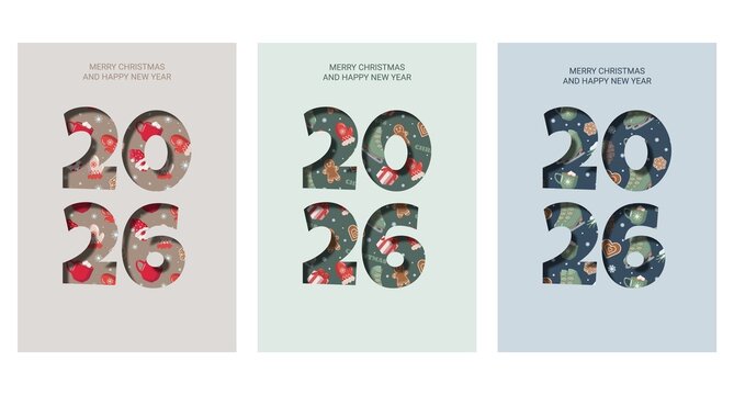 Set of three 2026 Christmas greeting cards with Merry Christmas and Happy New Year text. Each card features festive patterns inside bold numbers on beige, green, and blue backgrounds