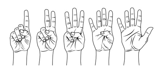 Set of Hand Gesture Finger Sign Numbers One Two Three Four Five &ndash; Black and White Line Art  Vector Illustration