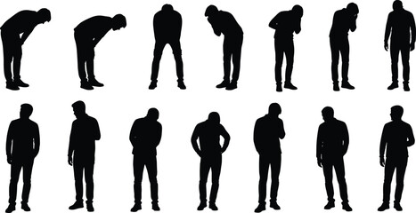 Contemplative and distressed silhouette set with sixteen expressive poses for emotion, psychology, and body language themes. © Sharon Creatives