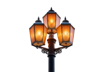 Illuminated lamp post isolated on transparent or white background