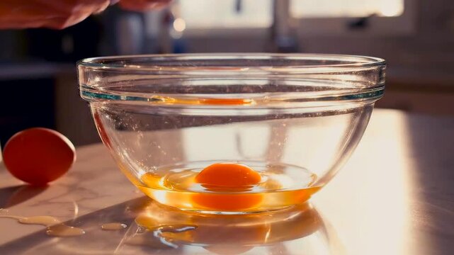 Closeup white hands cracking eggs into glass bowl, warm sunlight on countertop, yolks pooling and shells scattered, home baker preparing batter for breakfast, intimate cozy atmosphere and gentle motio