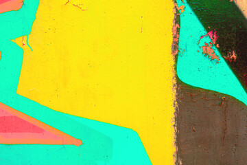 Abstract graffiti wall with bright yellow, turquoise, pink colors, cracked paint textures. 90s, Y2K street art style, retro urban aesthetics. Background, texture, digital art, urban visuals