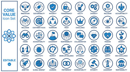 Core Value Icon Set Vector – Editable Blue Circular Icons for Business Ethics, Leadership, Innovation, Teamwork, Growth, Strategy, Culture, and Corporate Identity
